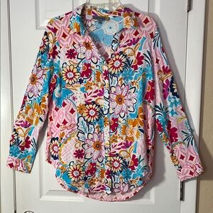 Figueroa & Flower Anthropologie floral button up shirt long sleeve roll tab LG